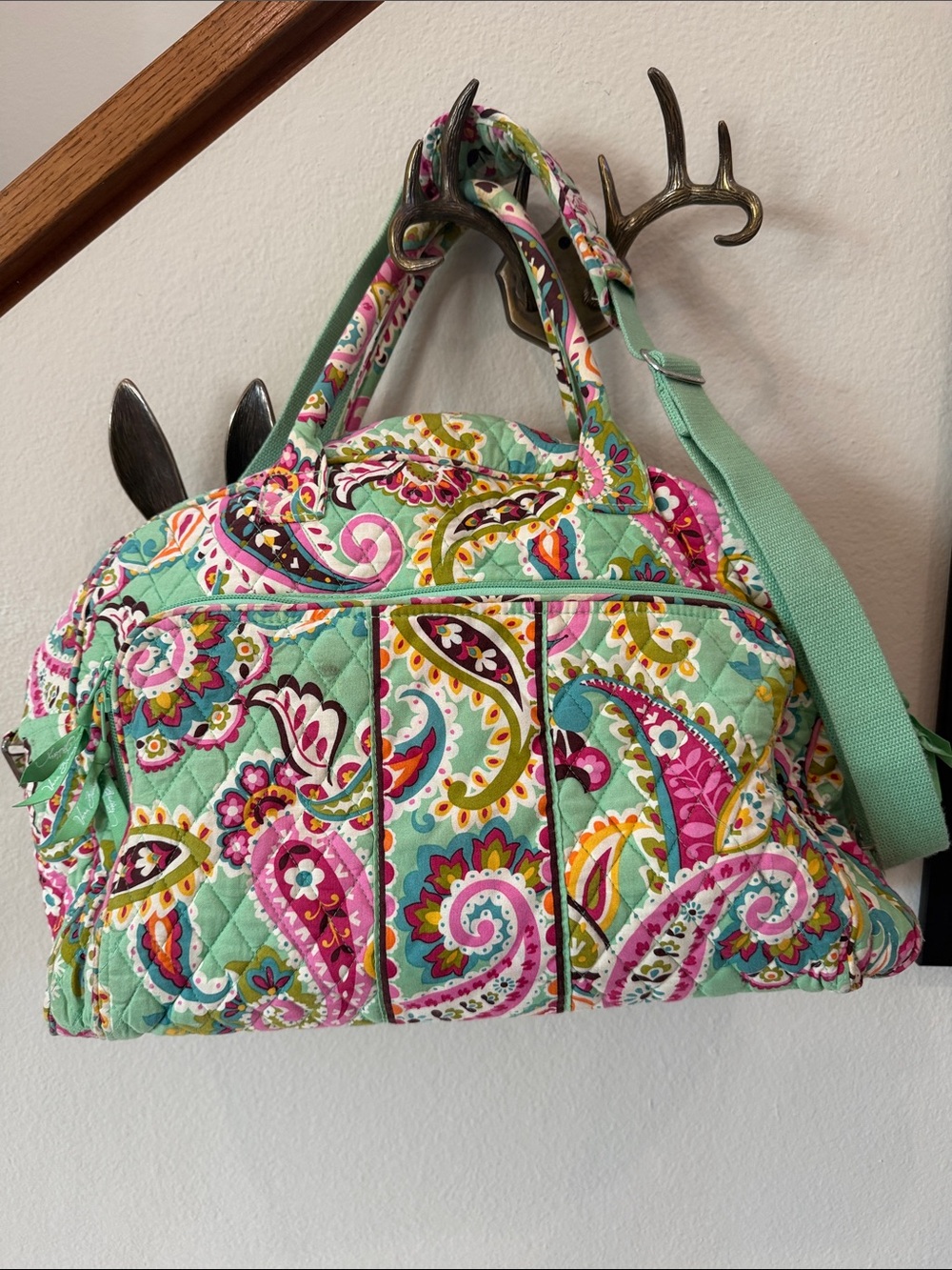 Vera Bradley Mint Paisley Quilted Travel Tote with Pink & Yellow Accents